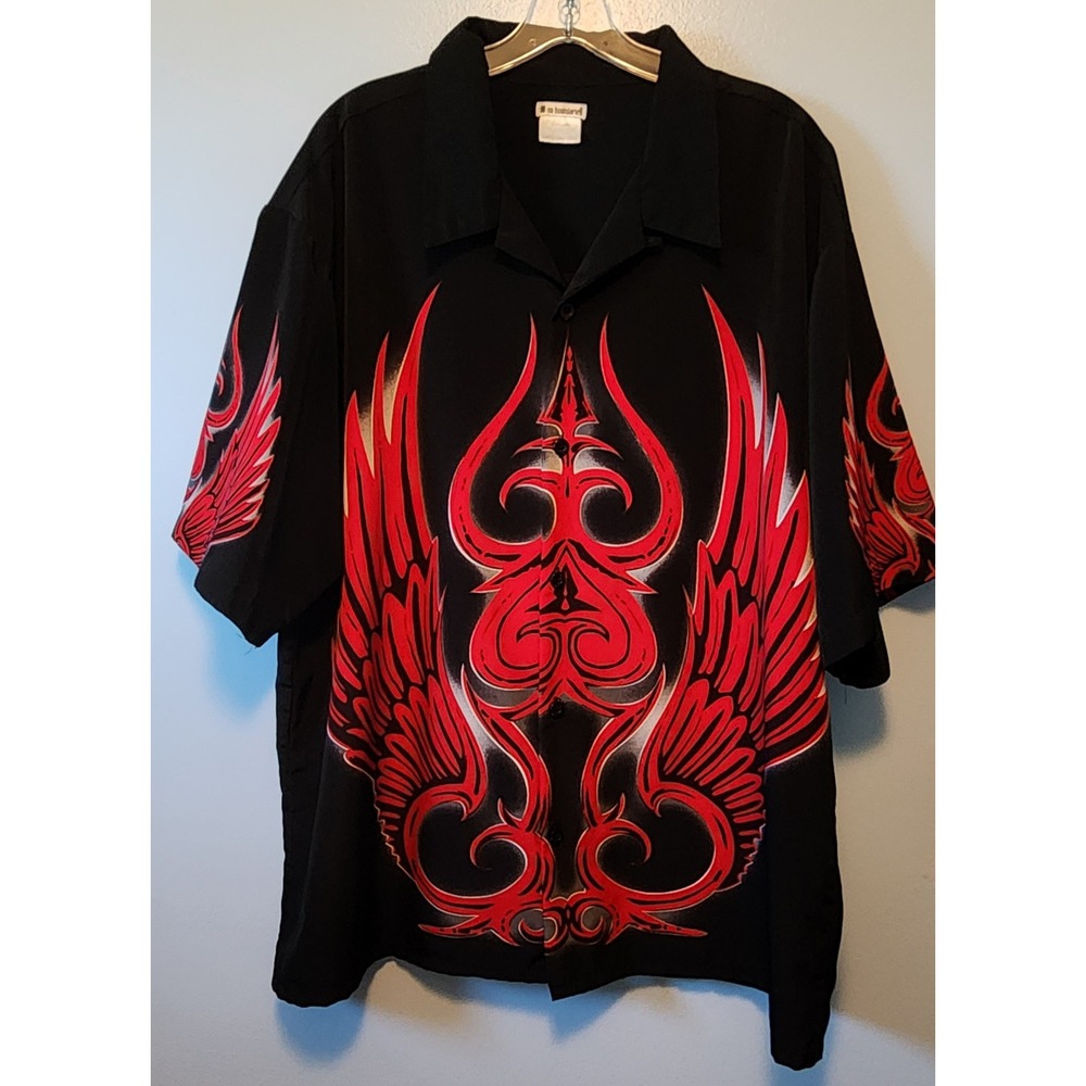 No Boundaries Mens XL Black Button Up Shirt Red Flame Tribal Wing‎ Design